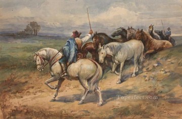 Animal Painting - Reuniendo caballos en Italia género Enrico Coleman